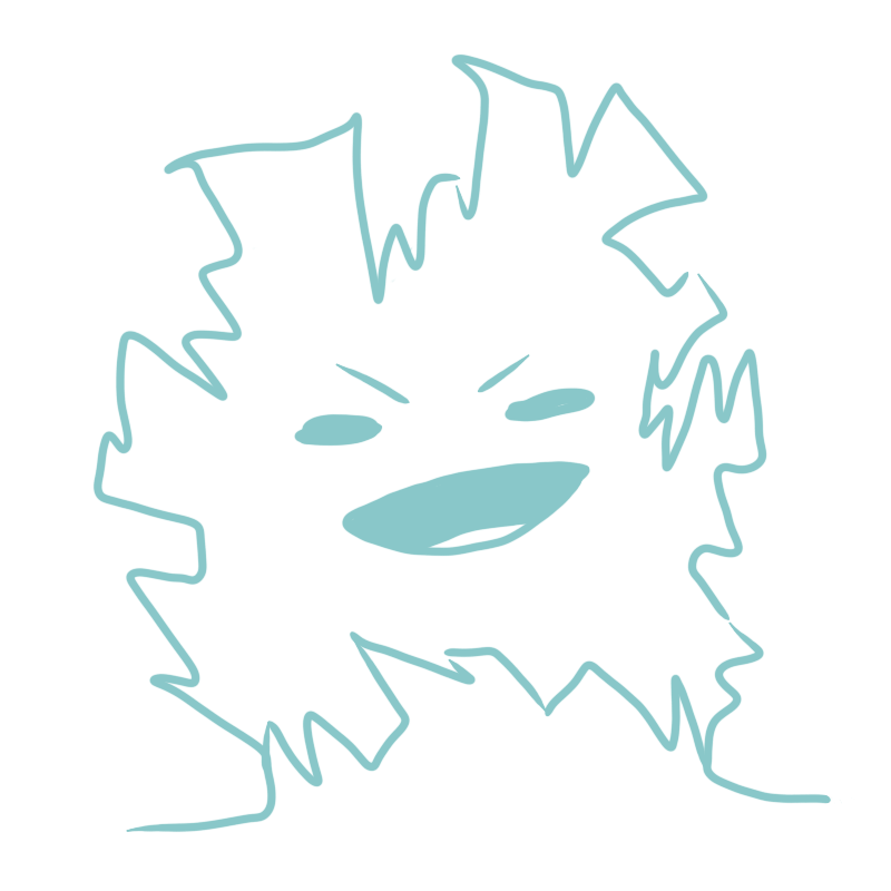 an abstract zig-zagging shape with two legs and a face