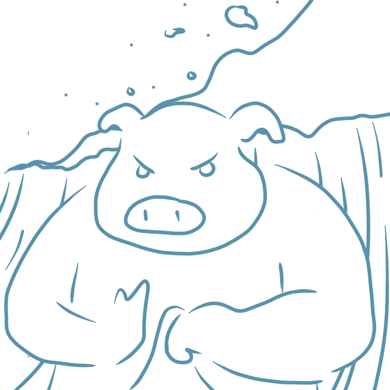 a large pig looking intimidating with a large ocean wave in the background