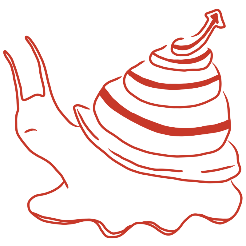 a snail with a red stripe and arrow on its shell