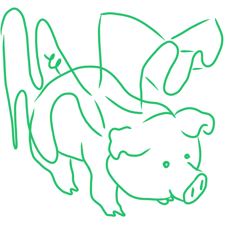 a pig with ribbon-like wings standing on the ground