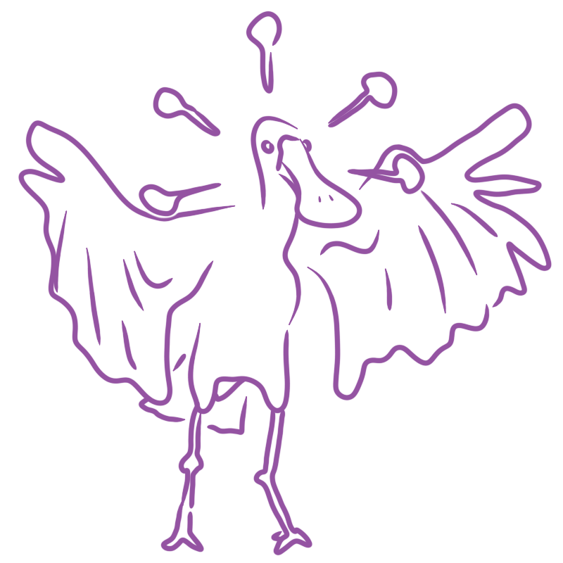 a bird with its wings elongated and spoons hovering around its head