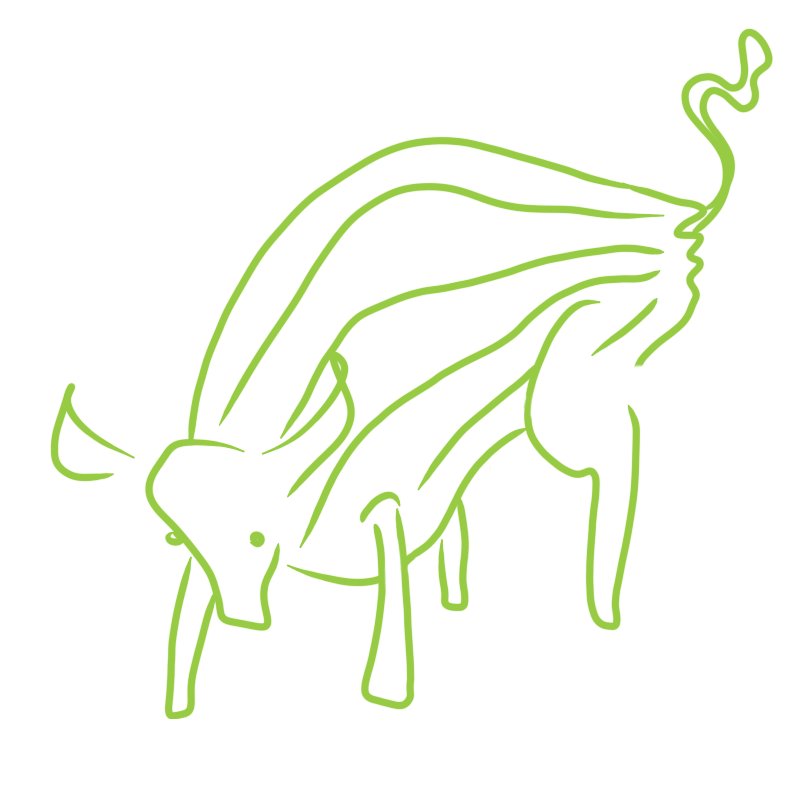 a bull with long lines drawn down its body and a weird squiggly tail