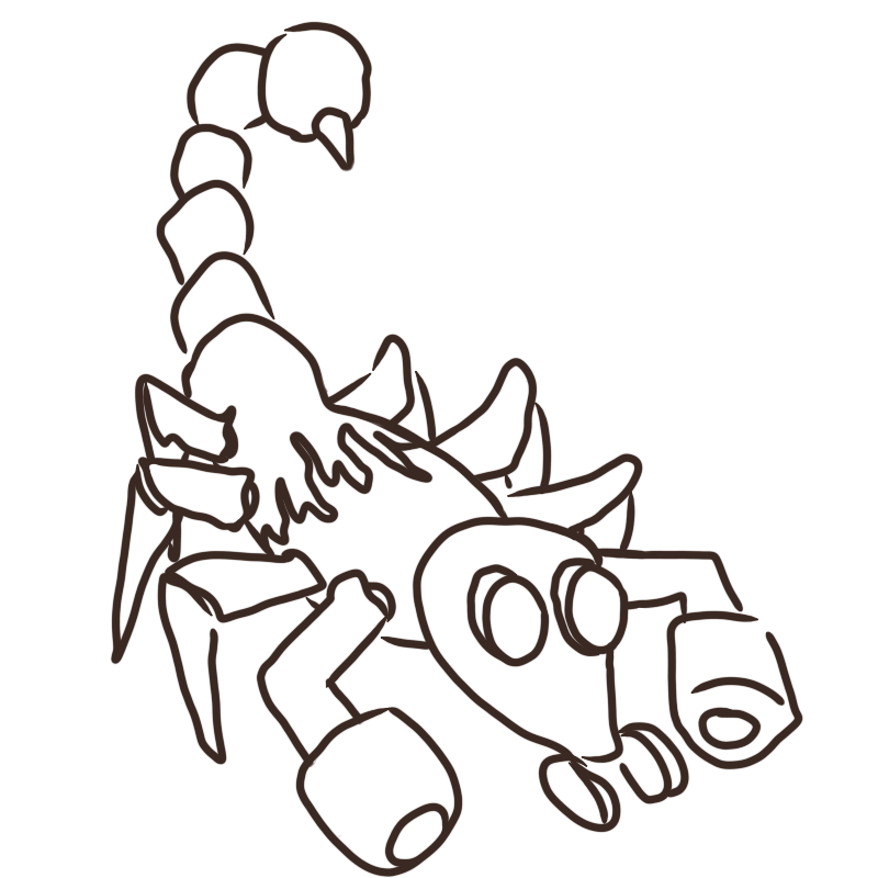 a scorpion with a weird face mask and metal tubes instead of claws